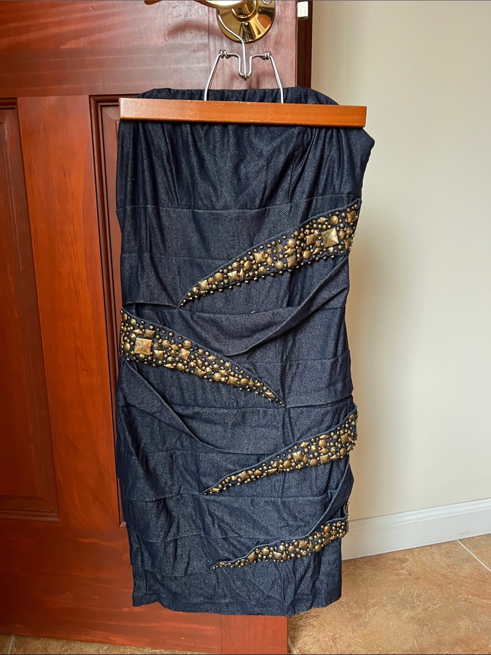 Denim Wash Strapless Beaded Dress